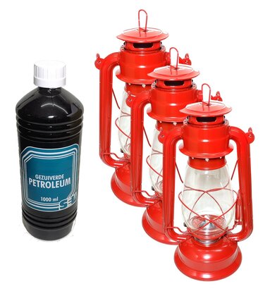 3x Stormlantaarn olielamp windlicht 30cm zwart, rood of groen +1 liter fles gezuiverde petroleum 