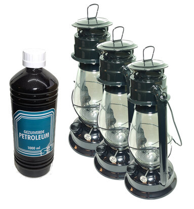 3x Stormlantaarn olielamp windlicht 30cm zwart, rood of groen +1 liter fles gezuiverde petroleum 