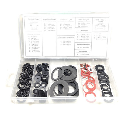 Afdicht ringen Kraanrubbers vezel en O ringen assortiment 125 delig vezel rubber afdichtingsring 