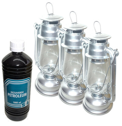 3x Stormlantaarn olielamp windlicht 30cm zilver +1 liter fles gezuiverde petroleum 